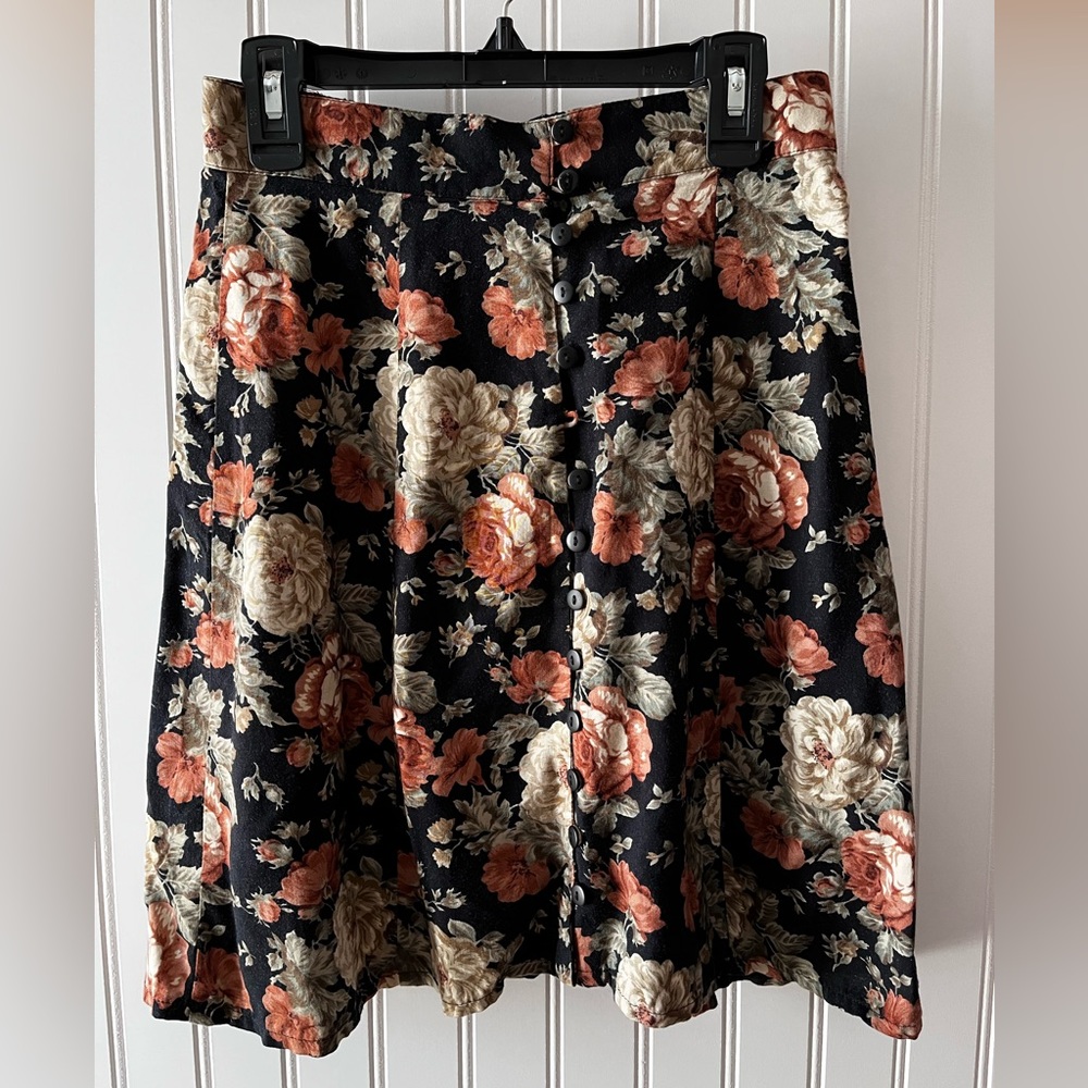 Vintage express black floral button front mini skirt